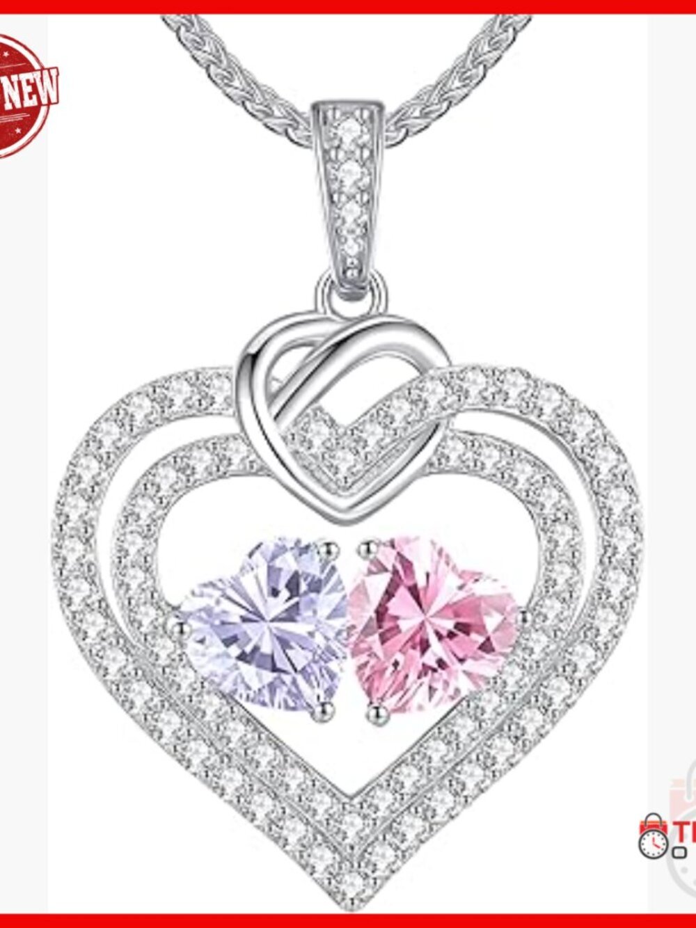 Sterling Silver Double Heart Birthstone Necklace, Adjustable Chain, Gift Box